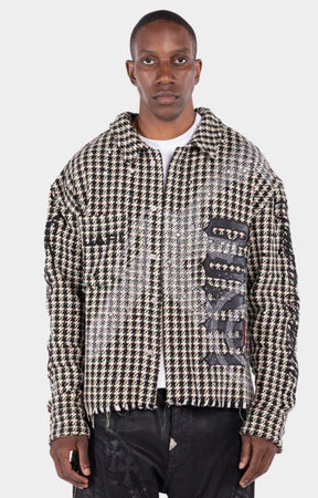 GUAPI Still A Threat rhinestone shirt jacket front view with textured patterned fabric.