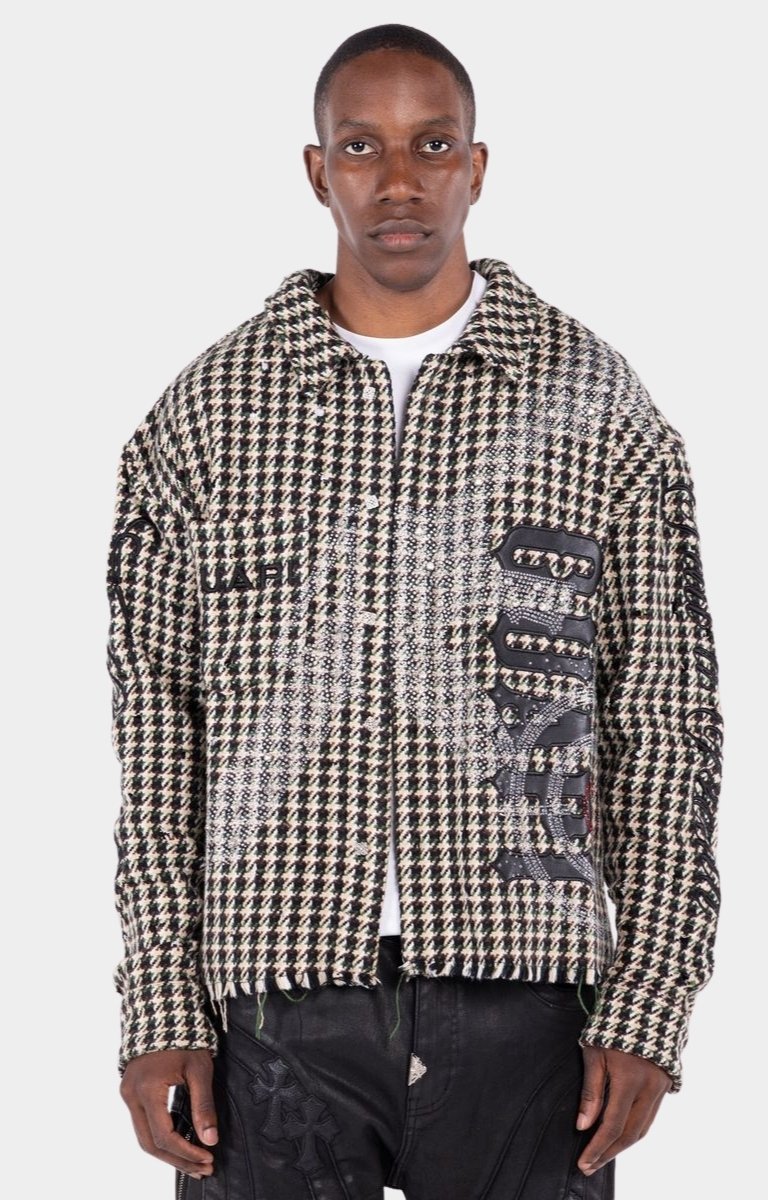 GUAPI Still A Threat rhinestone shirt jacket front view with textured patterned fabric.