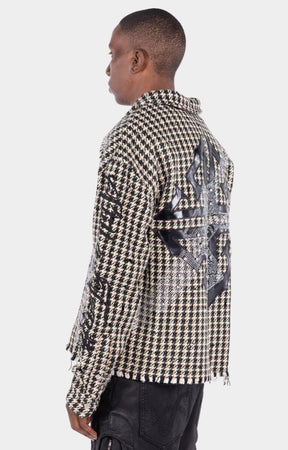 Side profile of GUAPI Still A Threat structured relaxed fit overshirt.