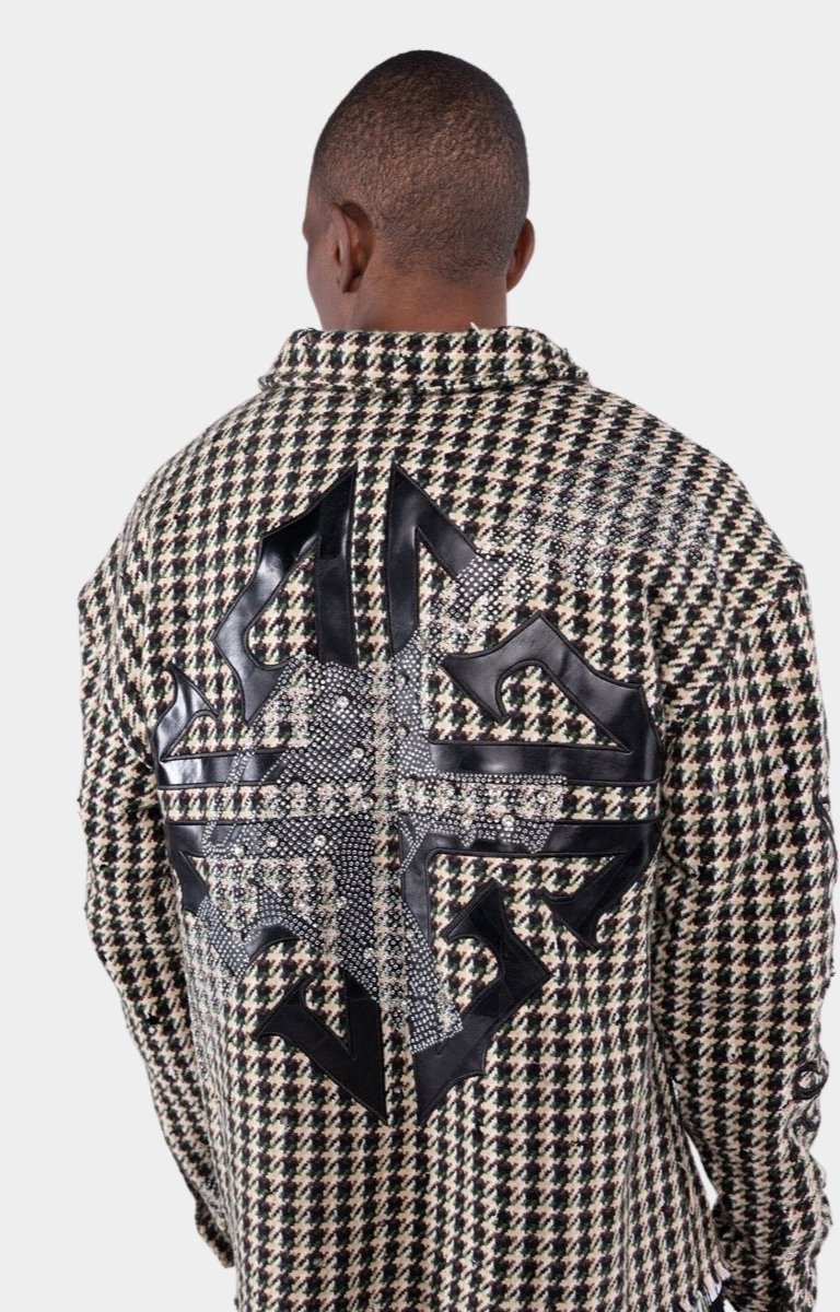 GUAPI Still A Threat rhinestone shirt jacket styled with stacked denim.