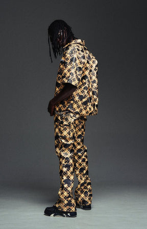 Guapi Gold Skull leather pants with tailored straight-leg fit.