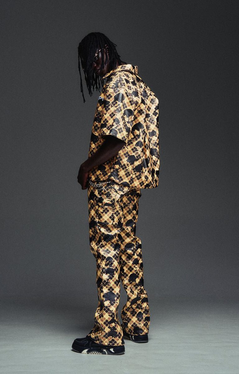 Guapi Gold Skull leather pants with tailored straight-leg fit.