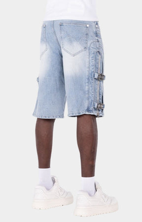 Luxury streetwear denim shorts with tailored knee-length fit.