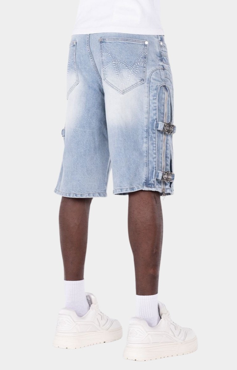 Luxury streetwear denim shorts with tailored knee-length fit.