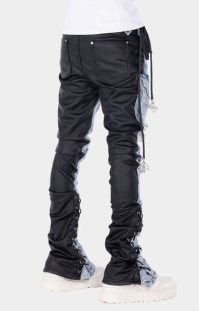 Stacked cargo pants featuring denim front and PU leather back panels.