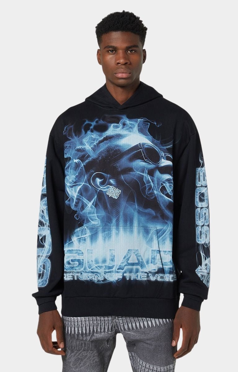 Guapi The Voice hoodie front with portrait and blue smoke graphic