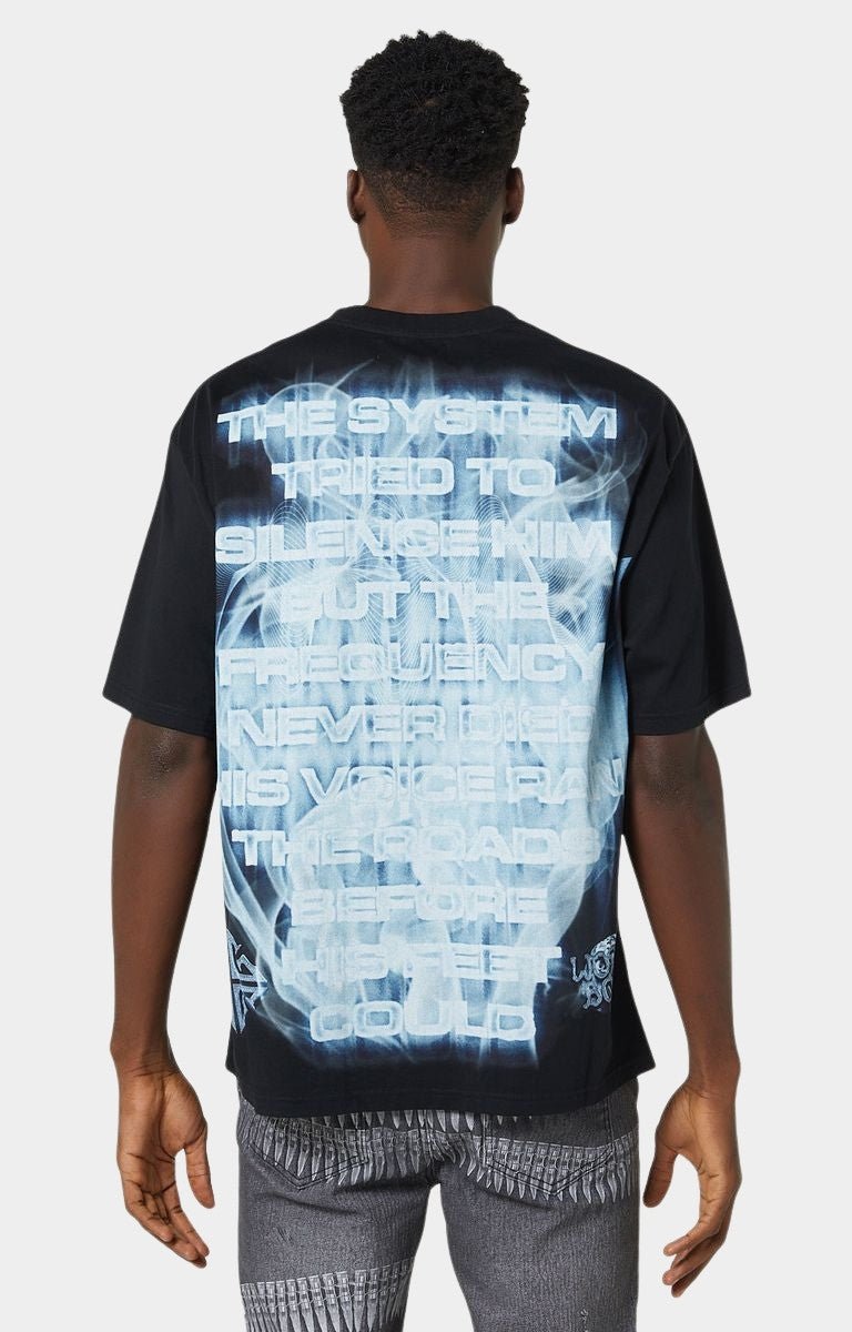 Back view of Guapi The Voice Tee with manifesto typography in blue gradient
