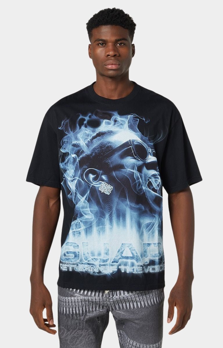 Front view of Guapi The Voice Tee with blue smoke portrait graphic