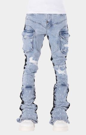 Utility cargo pants with multiple pockets and stacked silhouette.