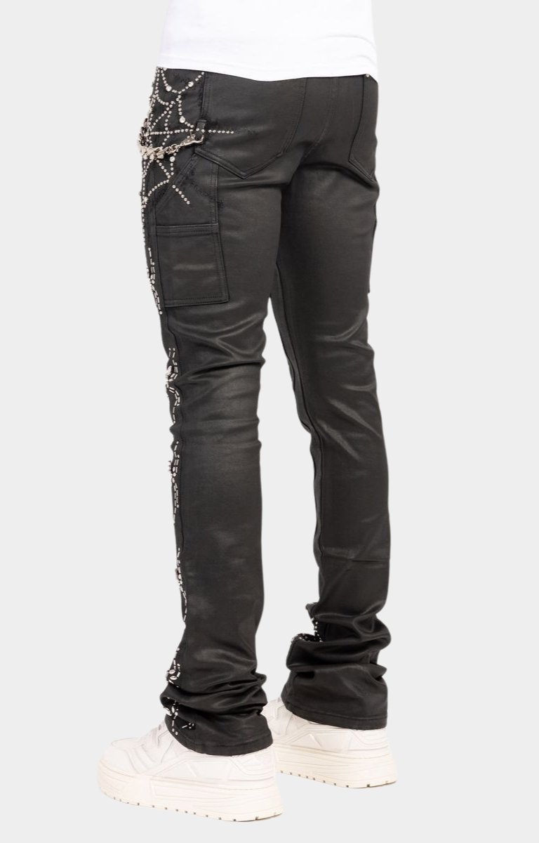 Utility-style side pocket panels on denim.