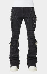 Guapi Vintage Black Oblivion biker denim front view stacked fit.