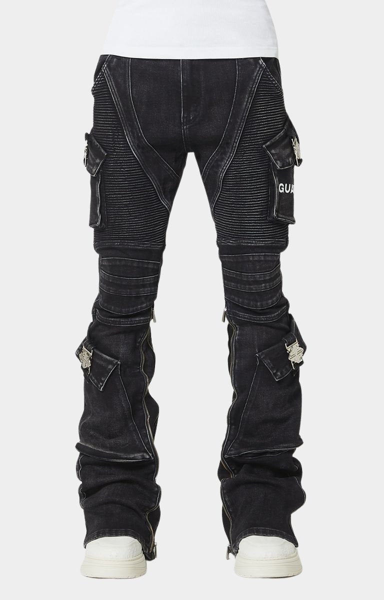 Guapi Vintage Black Oblivion biker denim front view stacked fit.