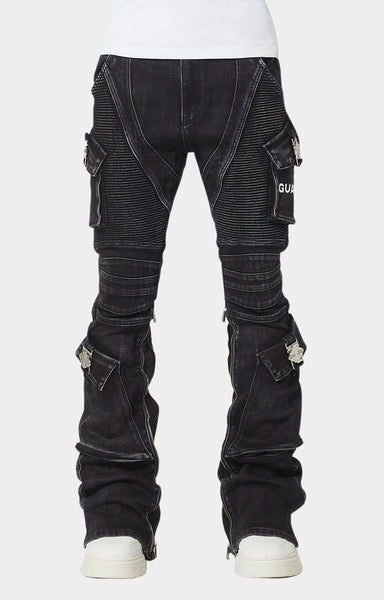 Guapi Oblivion Biker Denim – Vintage Black Stacked Cargo Jeans