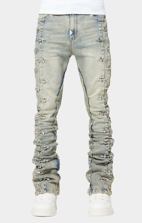 GUAPI Vintage Blue Aviation Clasp Denim | Stacked Designer Jeans