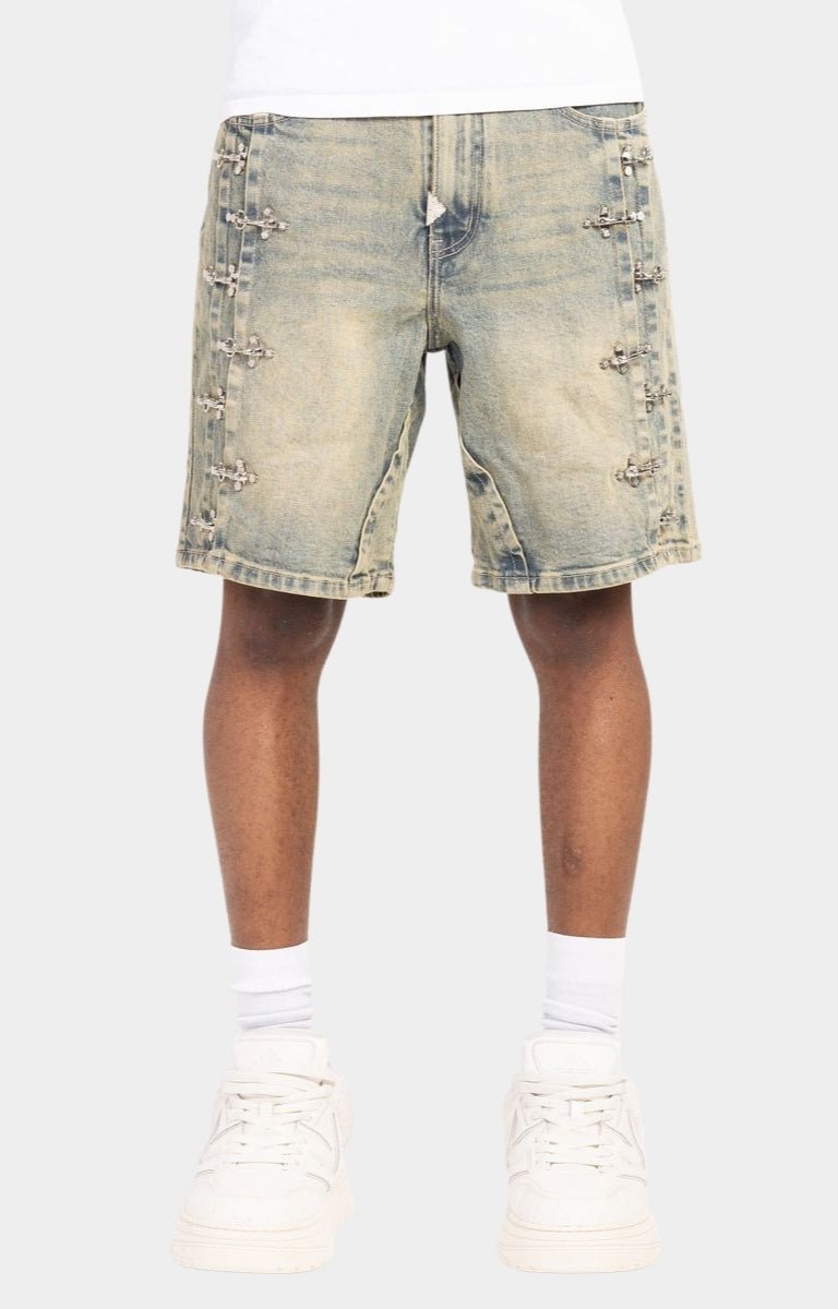 GUAPI Vintage Blue Aviation Clasp Denim Shorts front view with silver hardware.