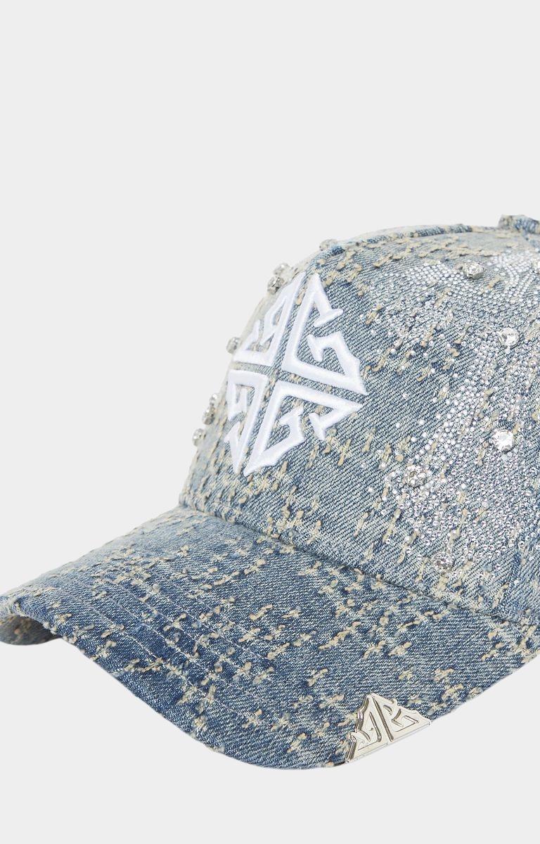 Angled view of GUAPI distressed denim cross cap.