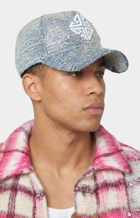 GUAPI denim cap brim with metal logo plate.