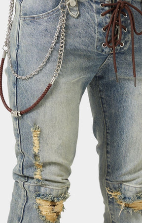 Guapi Vintage Blue Weston Denim chain and leather accessories close-up. 