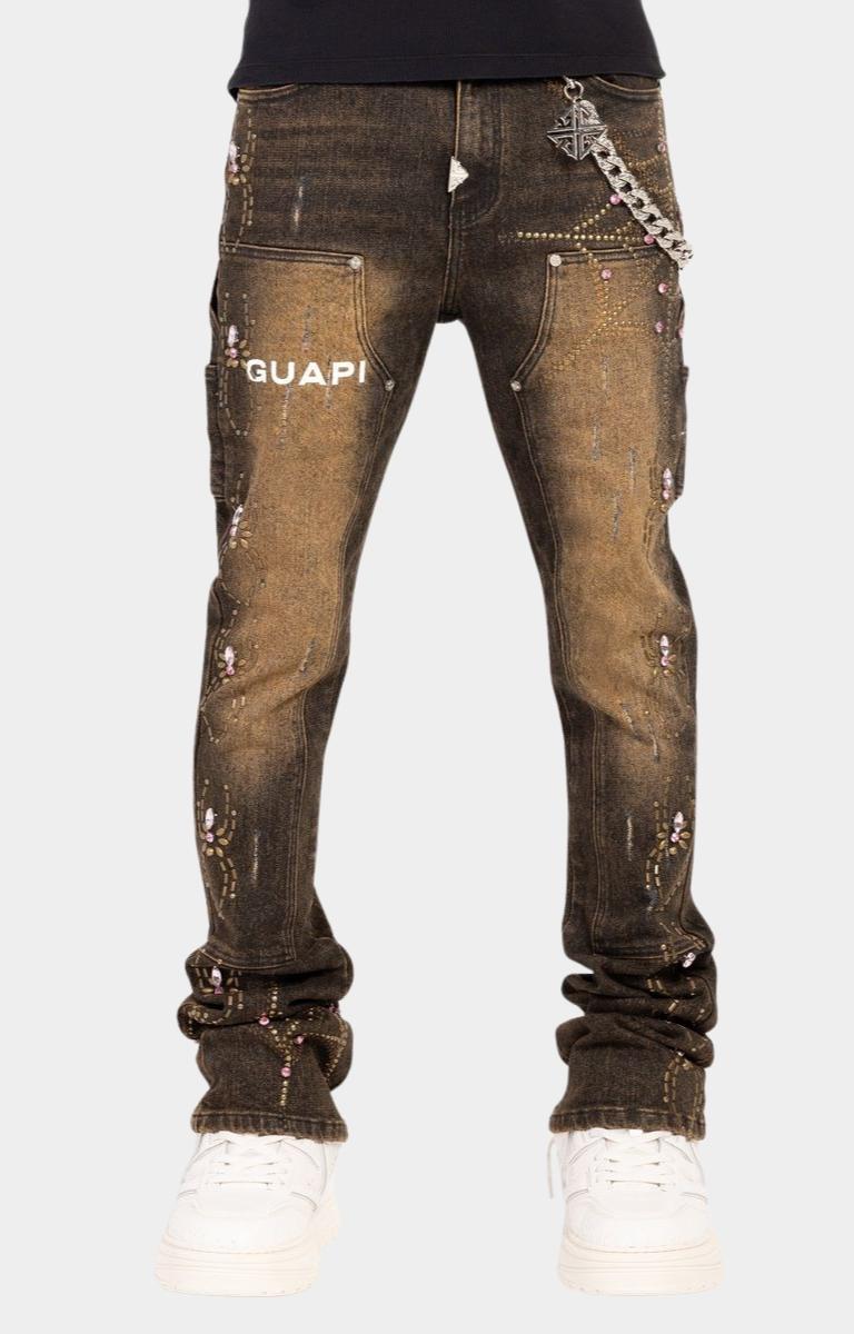 Guapi vintage brown spider denim front view slim flare.