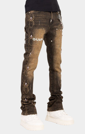 Guapi Vintage Brown Spider Rhinestone Stacked Jeans