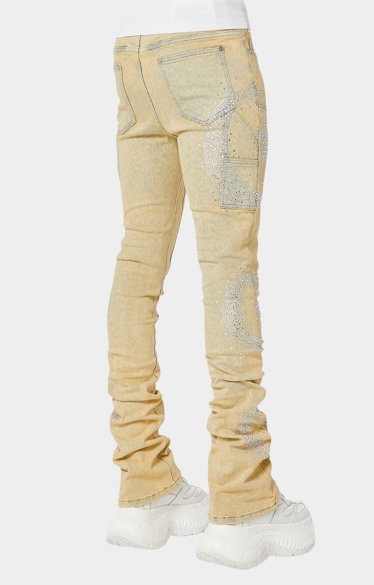 Detail view of tonal calligraphy print on Guapi Vintage Calligraphy Denim