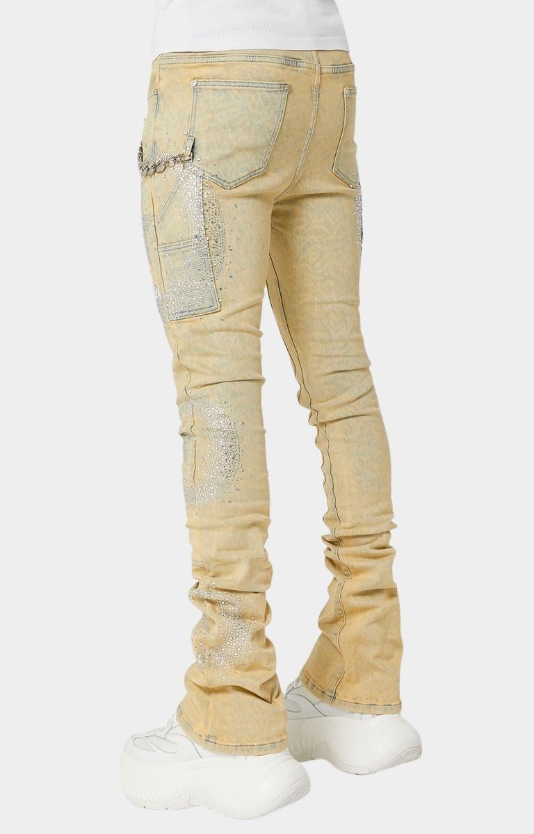 Full stacked fit view of Guapi Vintage Calligraphy Denim jeans