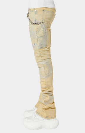 Left side view of Guapi Vintage Calligraphy Denim with crescent rhinestone design
