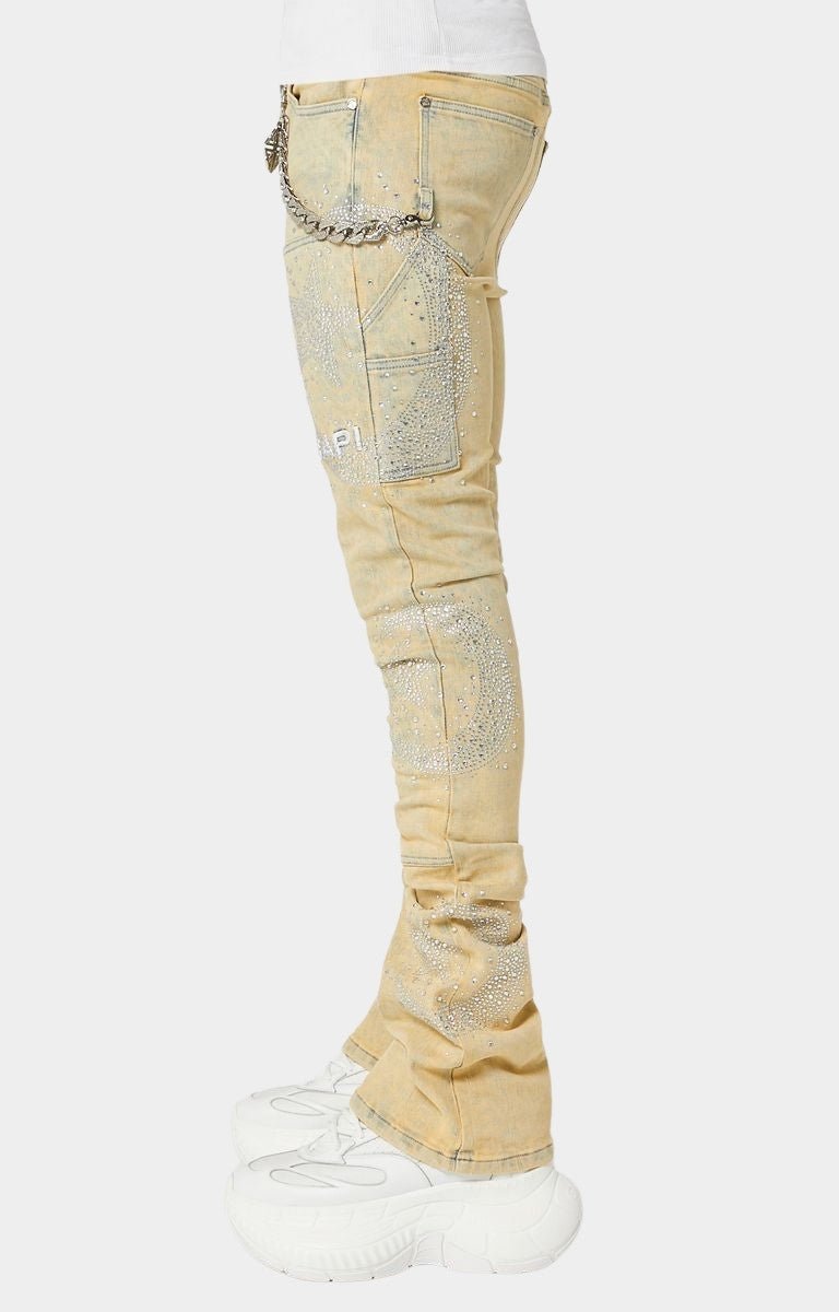 Left side view of Guapi Vintage Calligraphy Denim with crescent rhinestone design