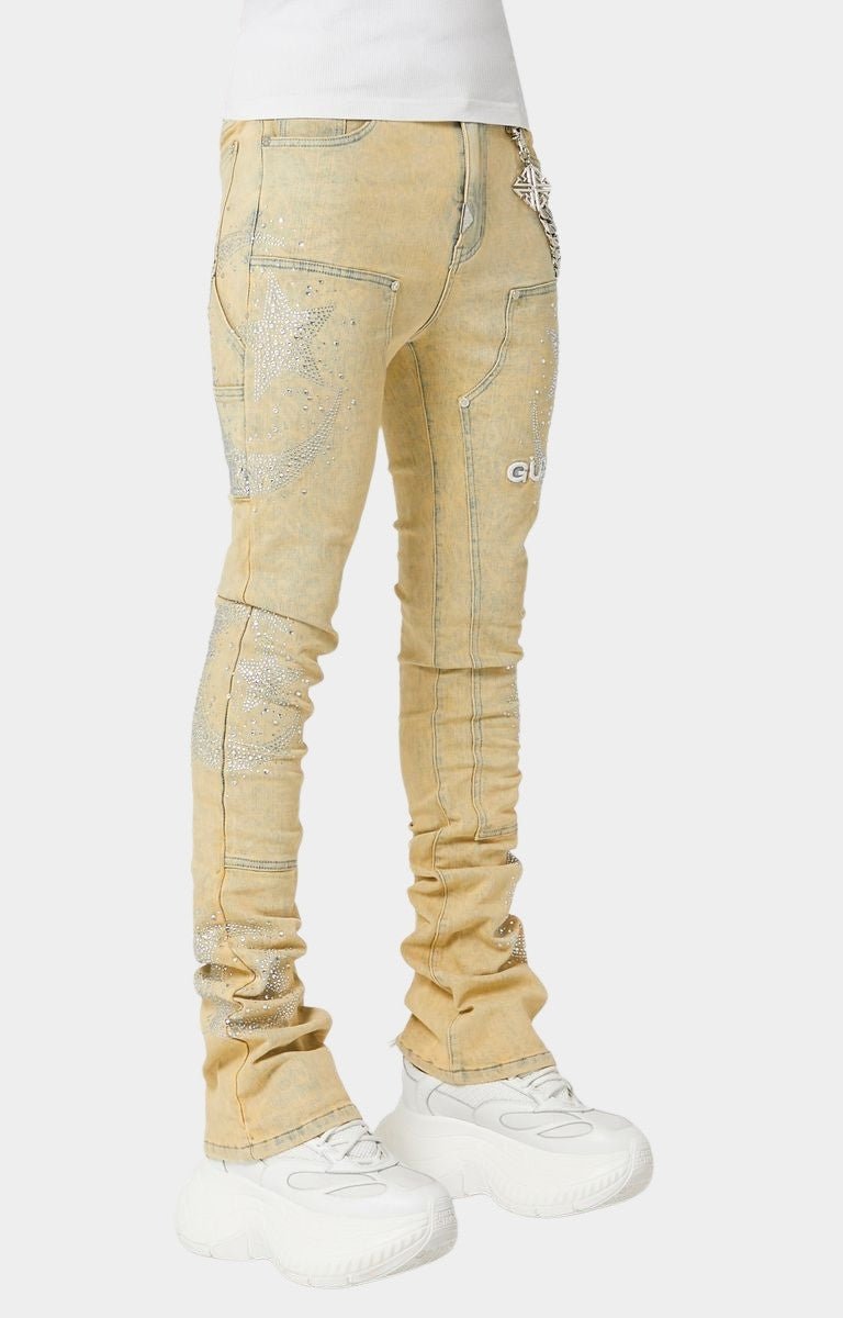 Right side view of Guapi Vintage Calligraphy Denim with calligraphy texture