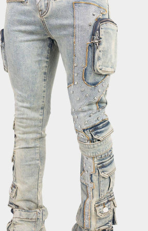 Cargo pocket detail on Guapi Vintage Machine Gun Denim.