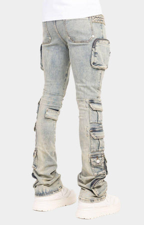 Quilted wrap panel detail on Guapi Vintage Machine Gun Denim.