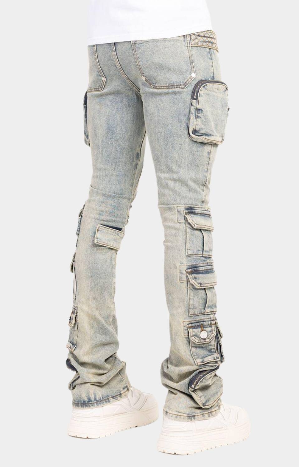 Quilted wrap panel detail on Guapi Vintage Machine Gun Denim.