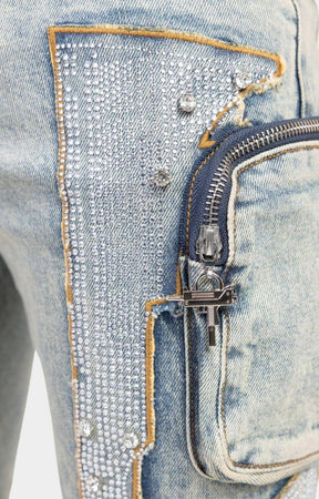 Rhinestone machine gun graphic detail on Guapi Vintage Machine Gun Denim.