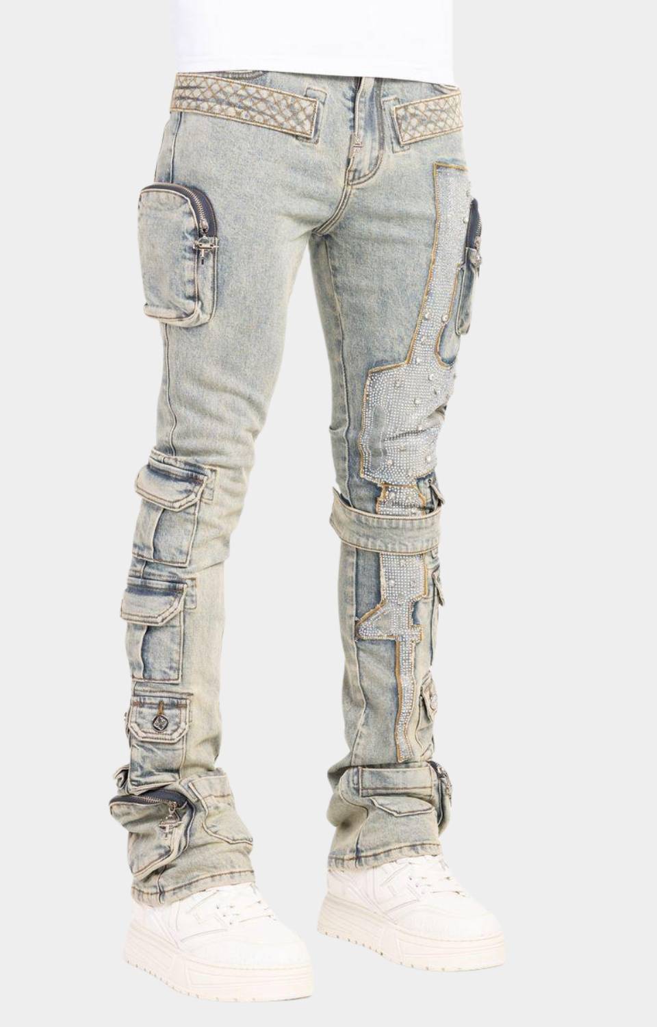 Side view of Guapi Vintage Machine Gun Cargo Denim.