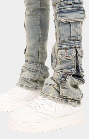 Stacked fit detail of Guapi Vintage Machine Gun Denim.