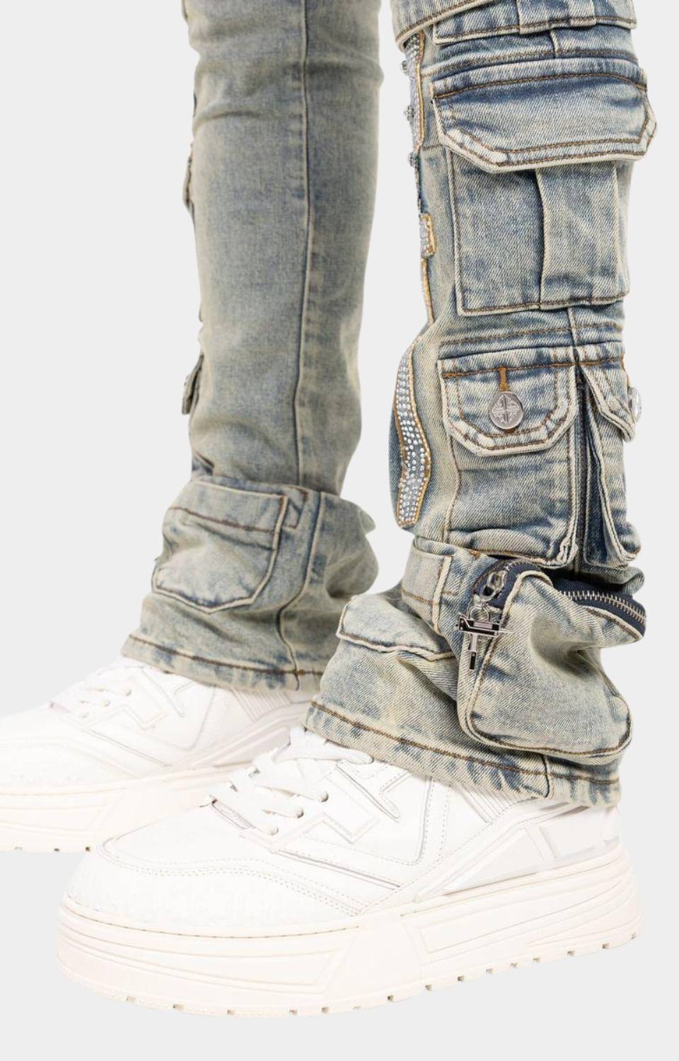 Stacked fit detail of Guapi Vintage Machine Gun Denim.
