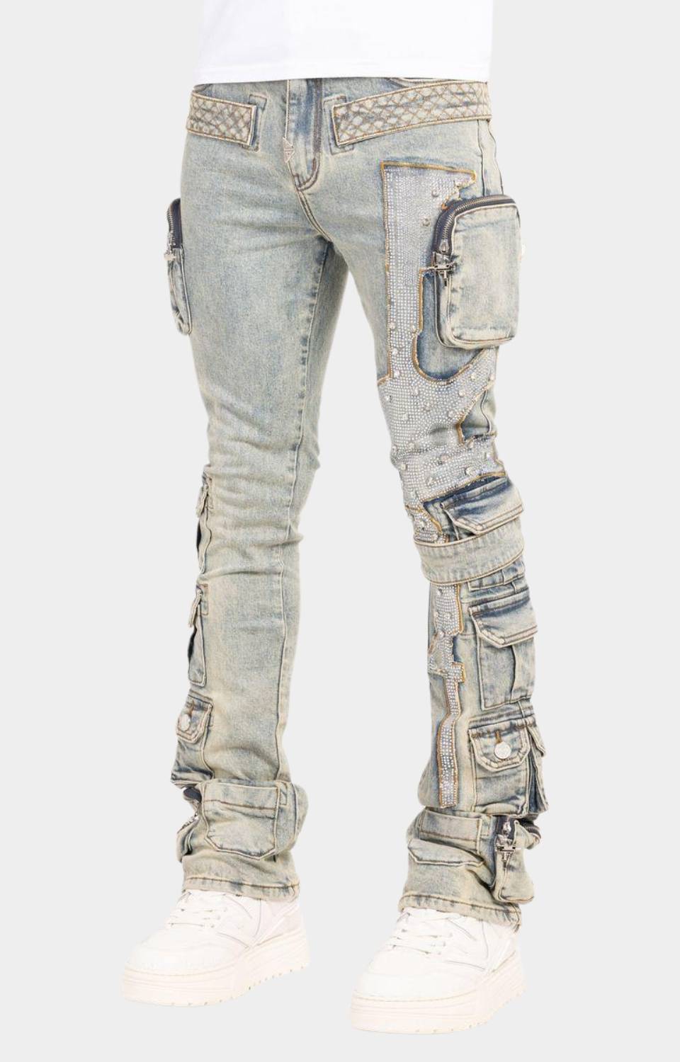 Utility zipper pocket detail on Guapi Vintage Machine Gun Denim.