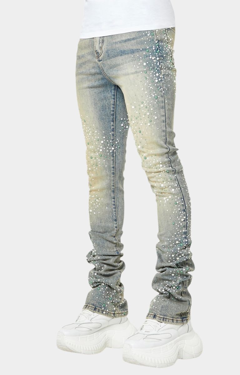 Side profile of Guapi Vintage Olive Pearls Denim stacked silhouette.