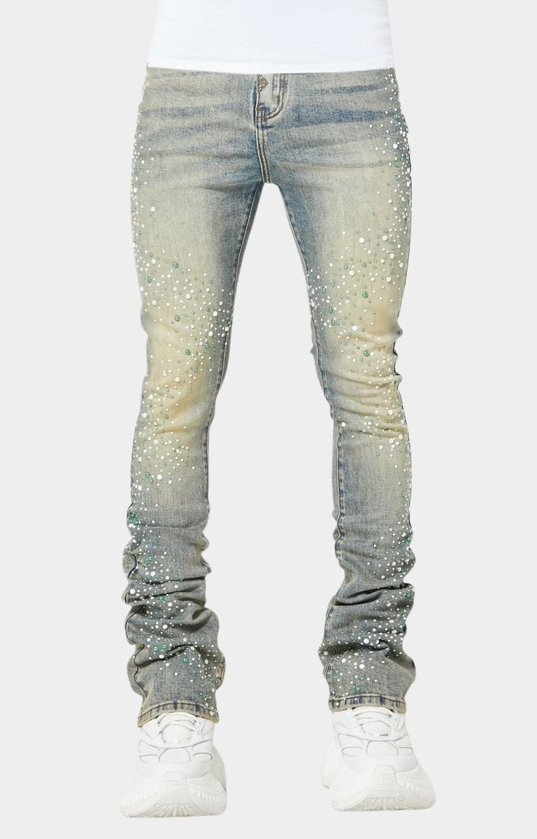 Guapi Vintage Olive Pearls Denim front view with pearl embellishments.