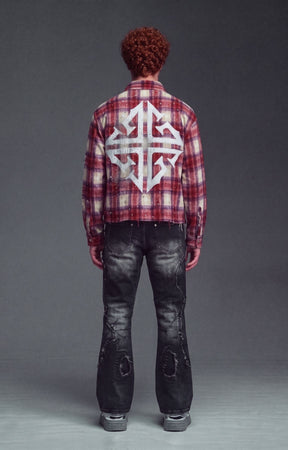 Guapi Vintage Red Plaid Shirt featuring a distressed red, cream and purple plaid pattern, rhinestone embellishments, graphic lettering, chest pocket and relaxed oversized fit.