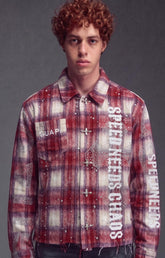 Guapi Vintage Red Plaid Shirt featuring a distressed red, cream and purple plaid pattern, rhinestone embellishments, graphic lettering, chest pocket and relaxed oversized fit.