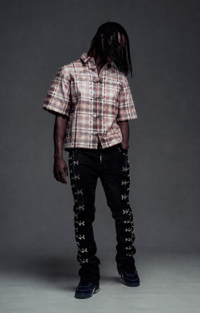 Guapi Vintage Rose Studded Plaid Shirt featuring a rose plaid pattern, metal toggle closures, studded trim detailing, pointed collar, short sleeves, and a relaxed streetwear fit.