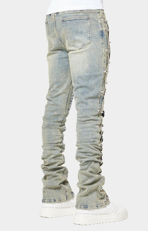 Vintage blue wash and fading detail on GUAPI denim.