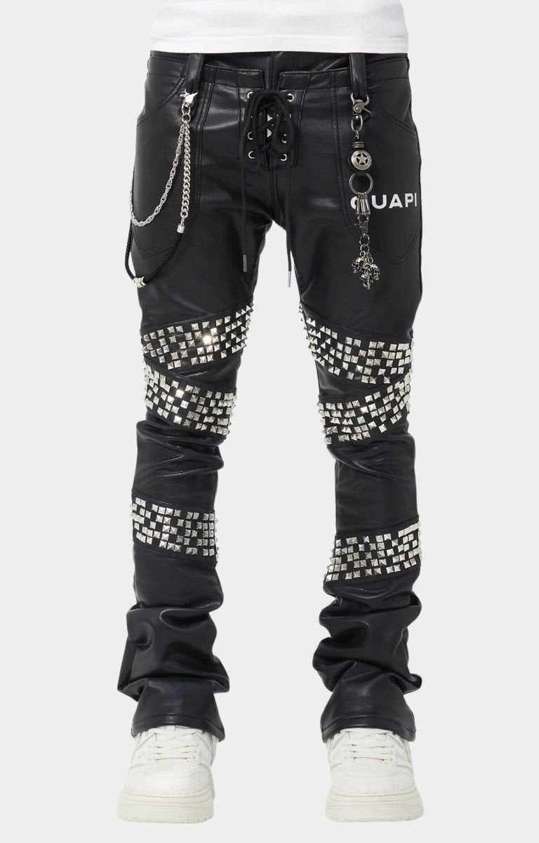 Front view of Guapi Obsidian Black Warpath Leather Pant with studs.