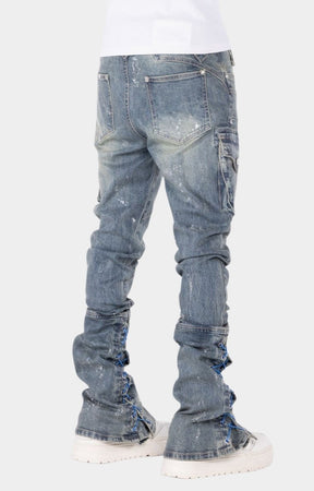 Guapi Aqua Blue Waxed Rope Stacked Cargo Denim Jeans