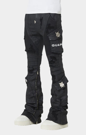 Matte black waxed denim texture detail.