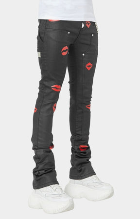 Model wearing GUAPI Waxed Kiss Stacked Denim streetwear look.