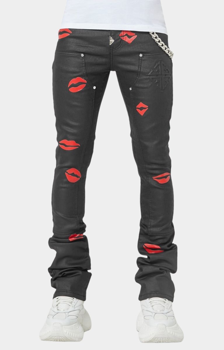 GUAPI Waxed Kiss Stacked Denim black jeans front view
