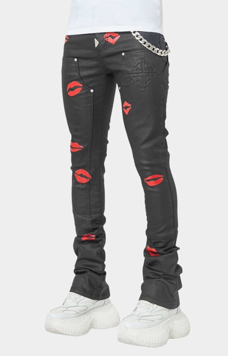 Side view of GUAPI Waxed Kiss Stacked Denim stacked fit.
