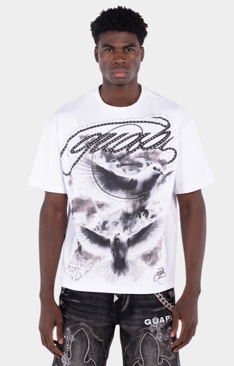 Guapi White Ascension rhinestone graphic t-shirt with oversized streetwear artwork.